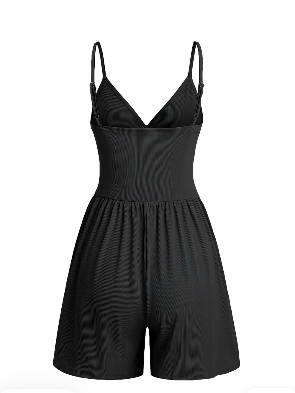 Black Sleeveless ribbed V-Neck Romper with pockets - Picture 2 of 5